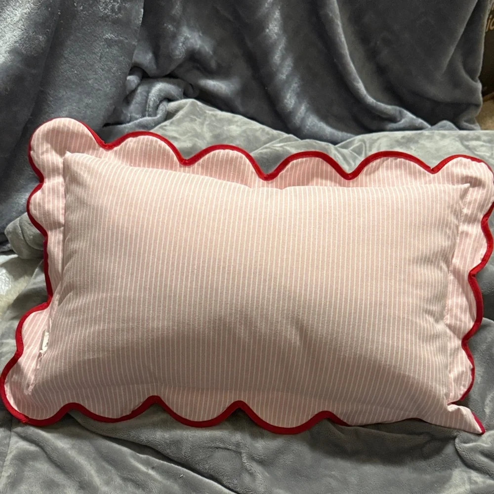 Hobby Lobby Pink Stripe Pillow with Red Script & Scalloped Trim